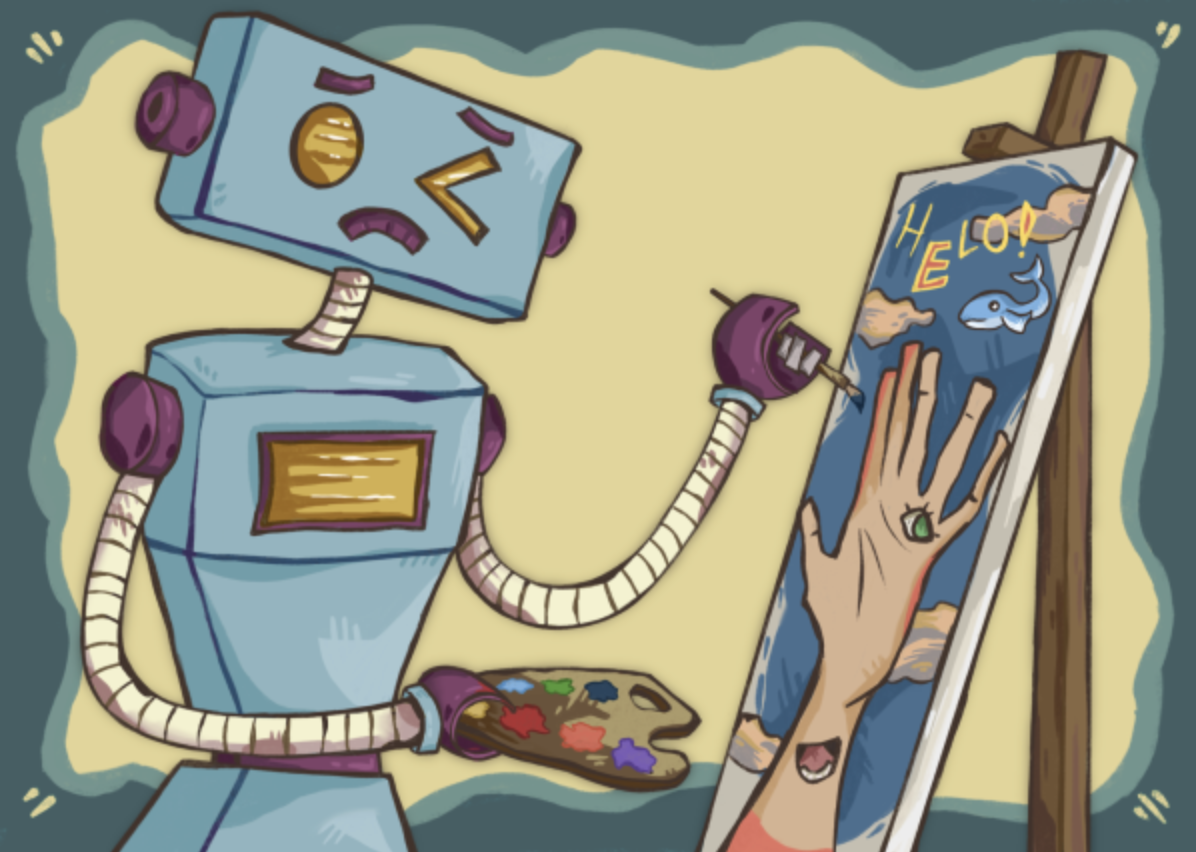 Illustration of a robot painting an inaccurate picture of a human hand